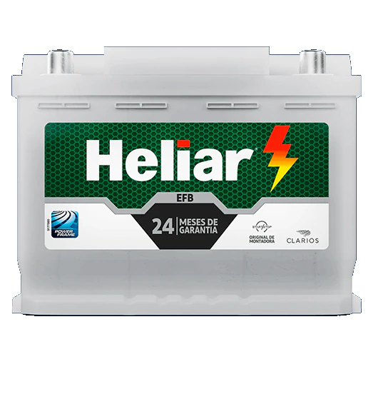 Bateria Heliar EFB, linha Clarios, com 24 meses de garantia.